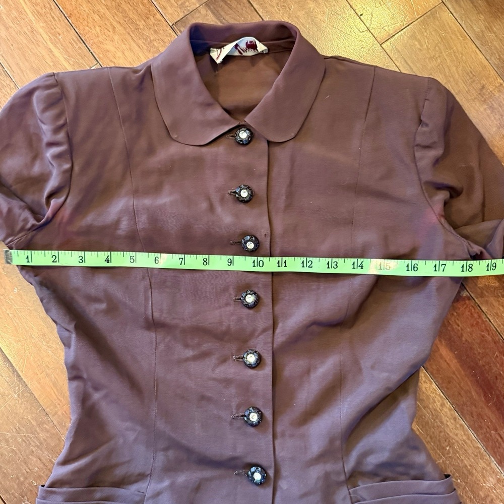 2pc VTG 40s MCM Brown Crepe Suit Rhinestone‎ Button Jacket A-Line Skirt Women S - Picture 15 of 16